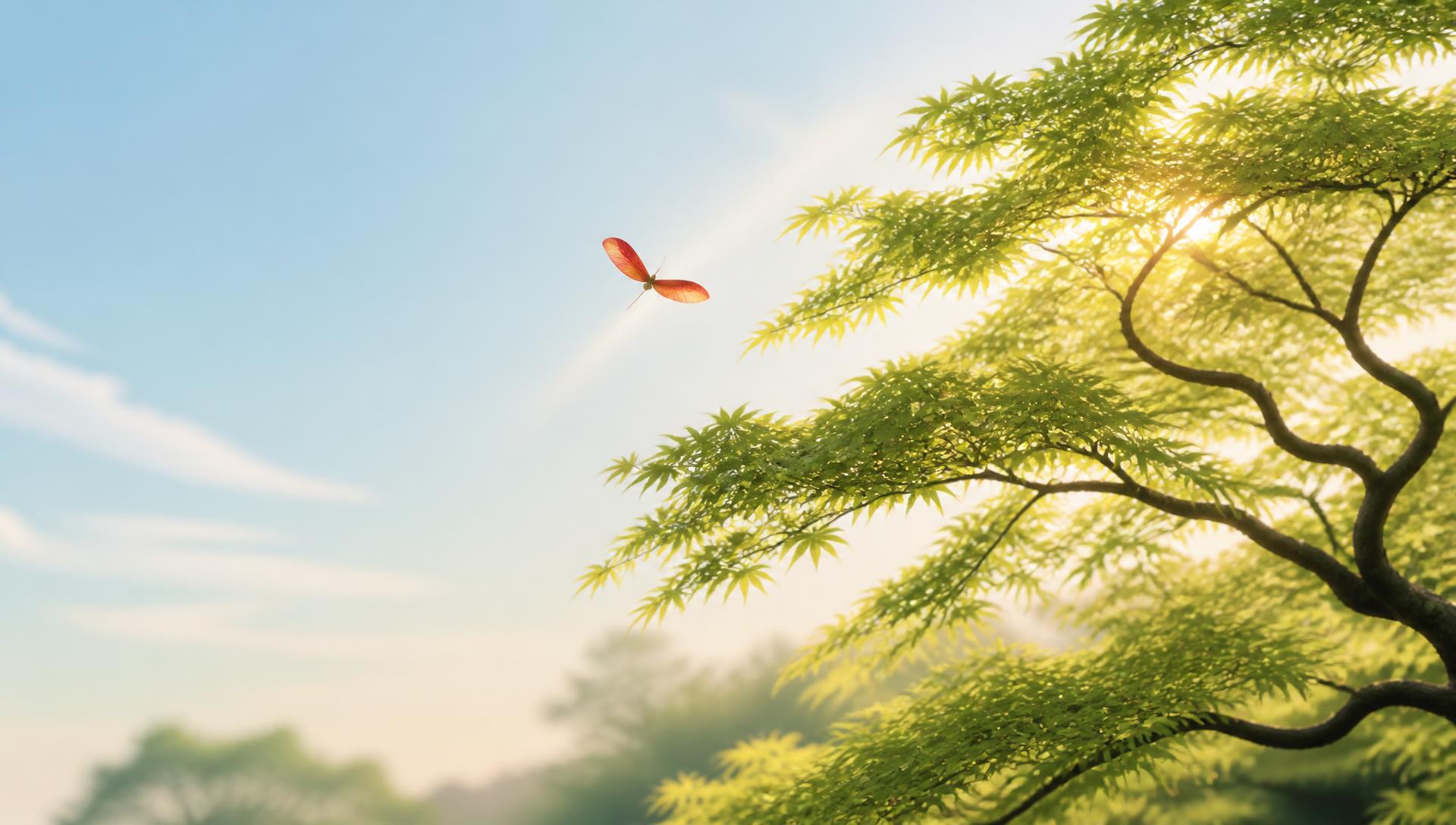 A Japanese maple with spreading branches, one winged maple seed drifting away in the sunlight